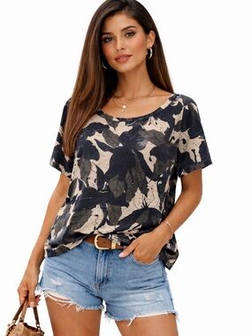 ZARA NAVY GRAY BEIGE LINEN LEAF PRINT SHORT SLEEVE T-SHIRT MEDIUM